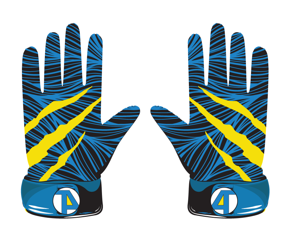 blue glove with yellow claw design and blue wrist straps for sports performance